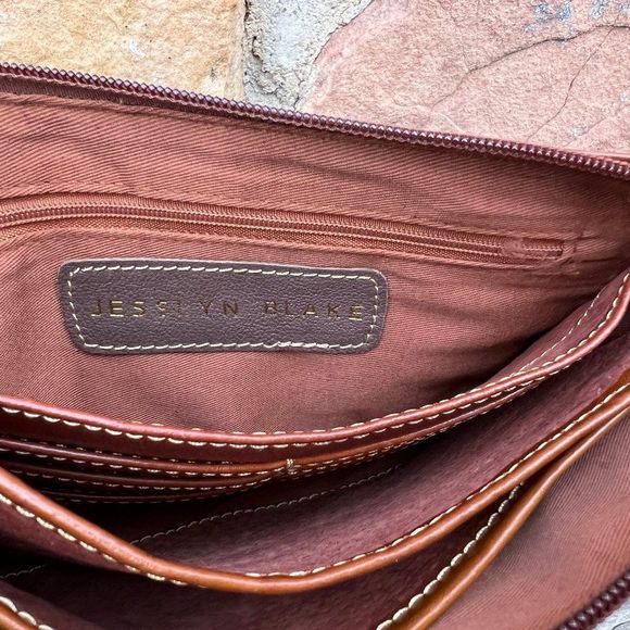 Jesslyn Blake Brown Cognac Eco Leather Wristlet Clutch Basket Weave - Picture 5 of 10